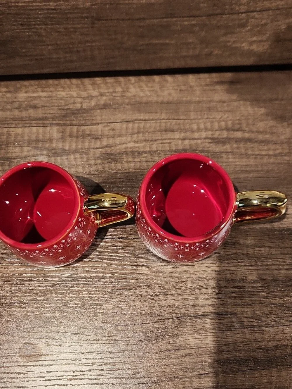 Like New Red Ceramic Holiday Mugs with Gold Handles - Set of 2